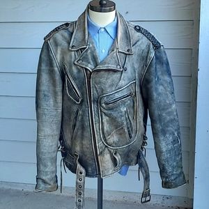PUTNAM LEATHER GOLD PLG Grey Leather Distressed Moto Motorcycle Jacket Sz XL 48‎